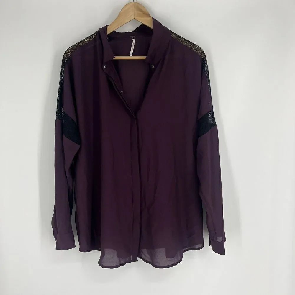 Free People Shirt Size Medium Womens Purple Chiffon Blouse Black Lace Dolman